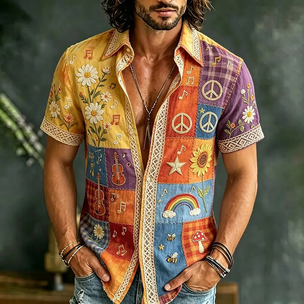 Men's Boho Floral Peace Rainbow Patchwork Hippie Print Short Sleeve Buttons Shirt