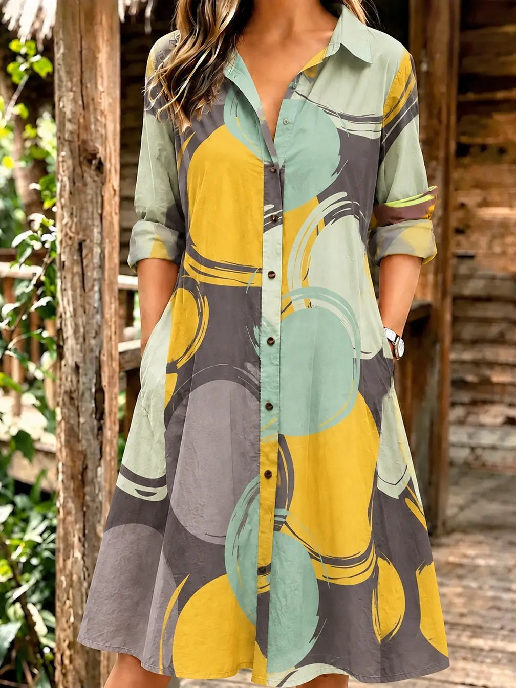 Women's Retro Geometric Art Print Long Sleeve Midi Shirt Dress