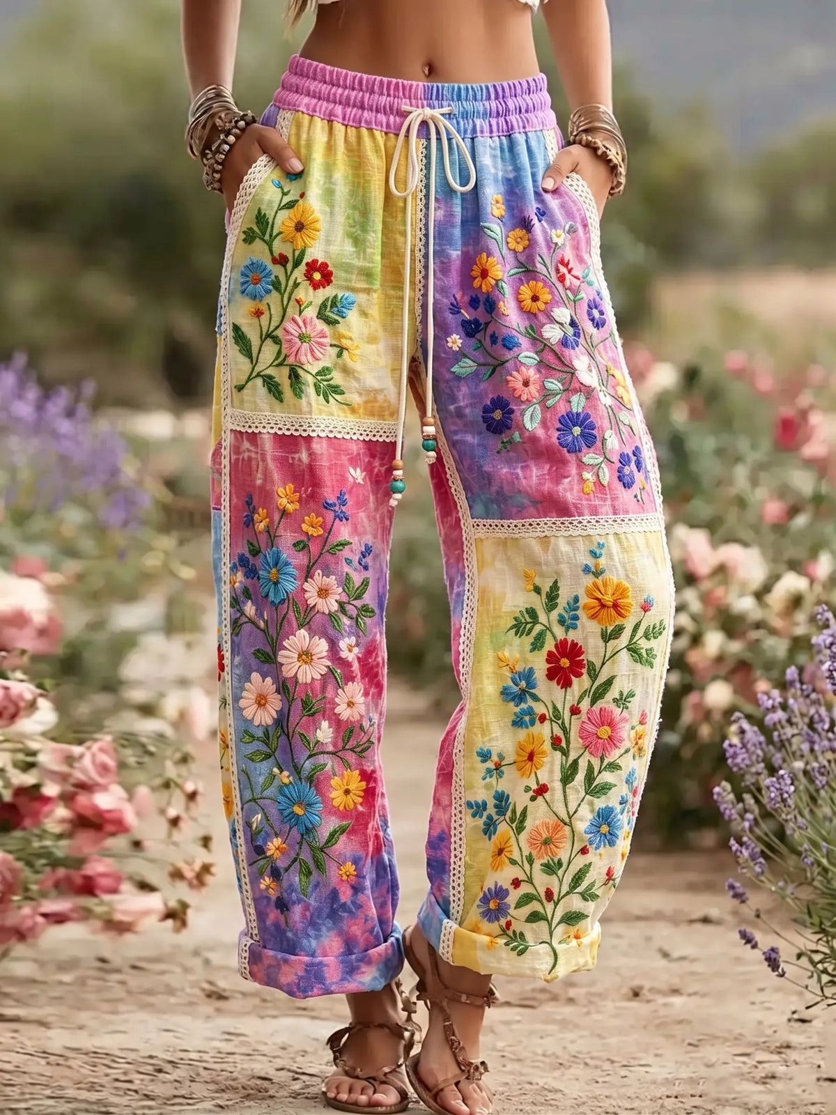 Women's Vintage Floral Art Linen Casual Pants