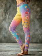 Women's Retro Hippie Peace Floral Embroidery Art Pattern Leggings