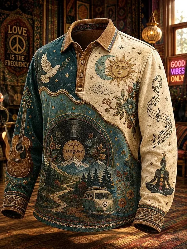 Men's Hippie Sun Moon Dove Love & Harmony Text Mountain Forest Scenery Print Long Sleeve Polo Shirt