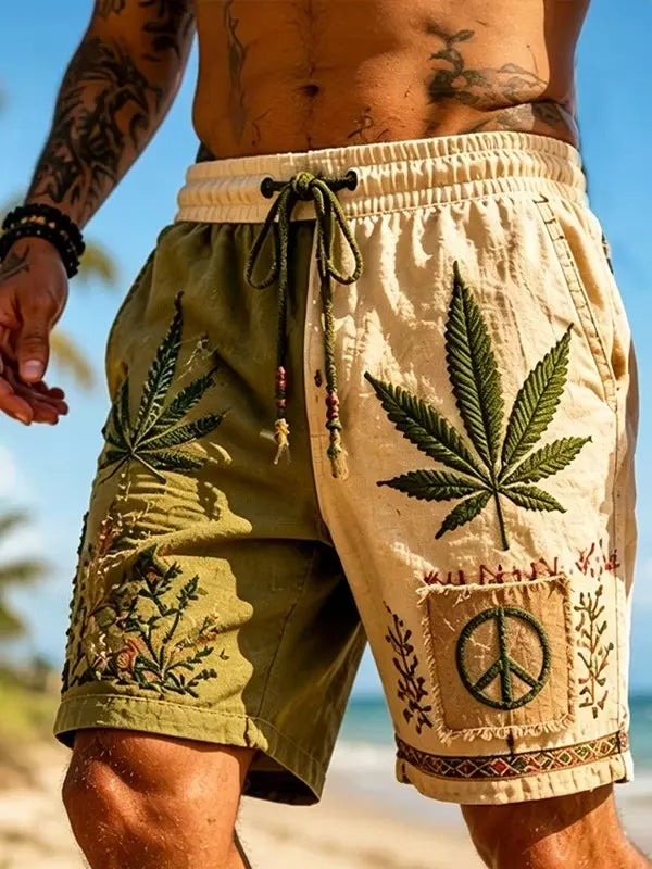Men's Hippie Peace Symbol Leaf Colorblock Print Drawstring Shorts