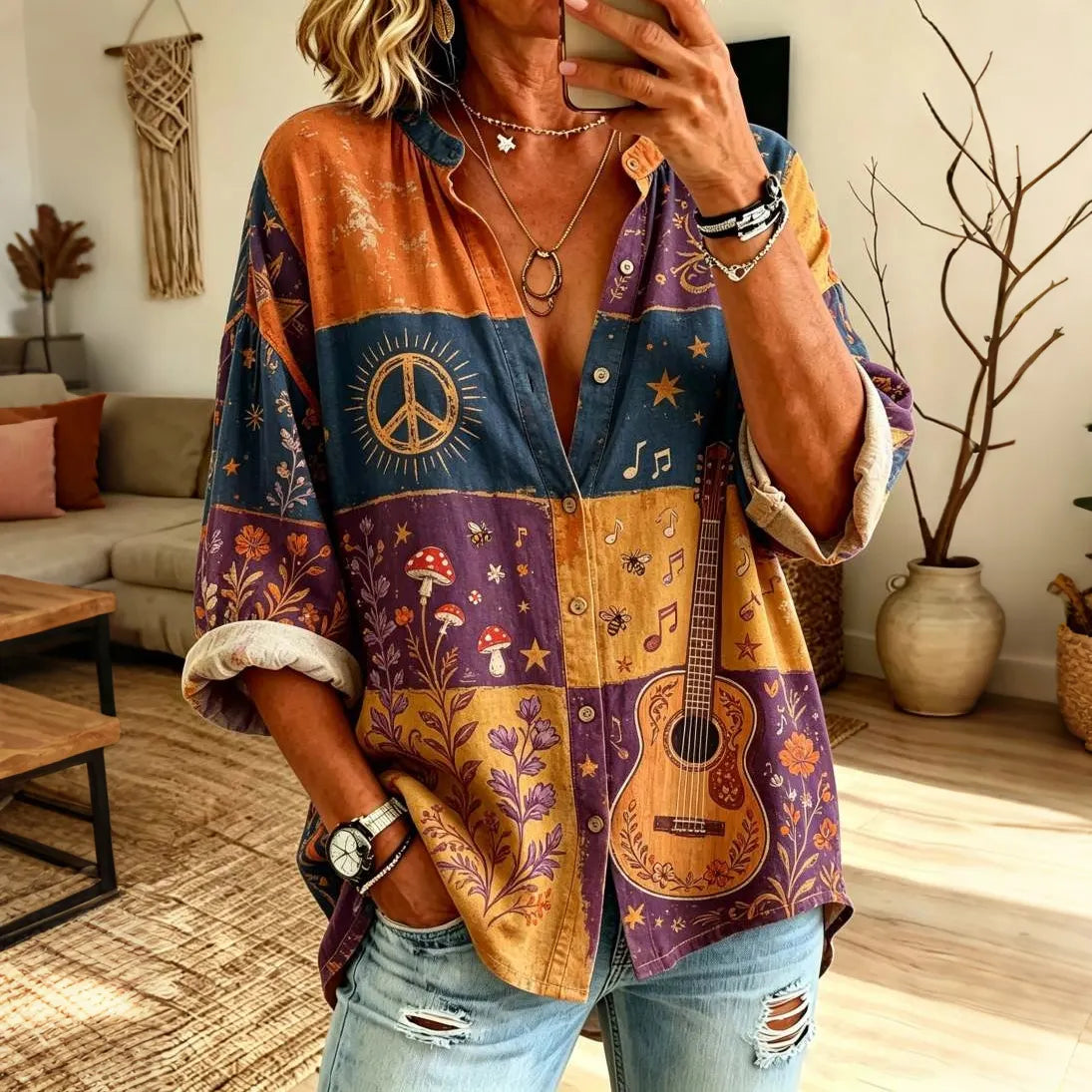 Women's Retro Guitar Peace Color-block Print Loose Long-sleeved Linen Shirt