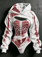 Women's Halloween Bloodstain Skull Rose Bandage Print Hoodie Two-piece Set
