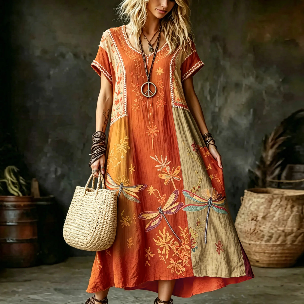Women's Vintage Hippie Floral And Dragonfly In Patchwork Pattern Art Printed Linen Blend Maxi Dress