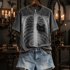 Women's Halloween Peeking Black Cat X-ray Rib Cage Print Short-sleeved T-shirt