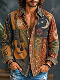 Men's Hippie Celestial Elements Guitar Floral Print Long Sleeve Shirt