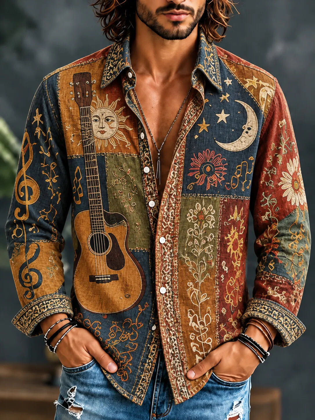 Men's Hippie Celestial Elements Guitar Floral Print Long Sleeve Shirt