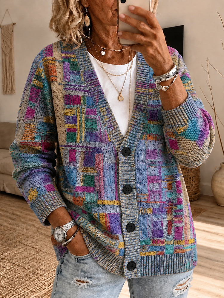 Women's Retro Geometric Print Cozy Knit Cardigan