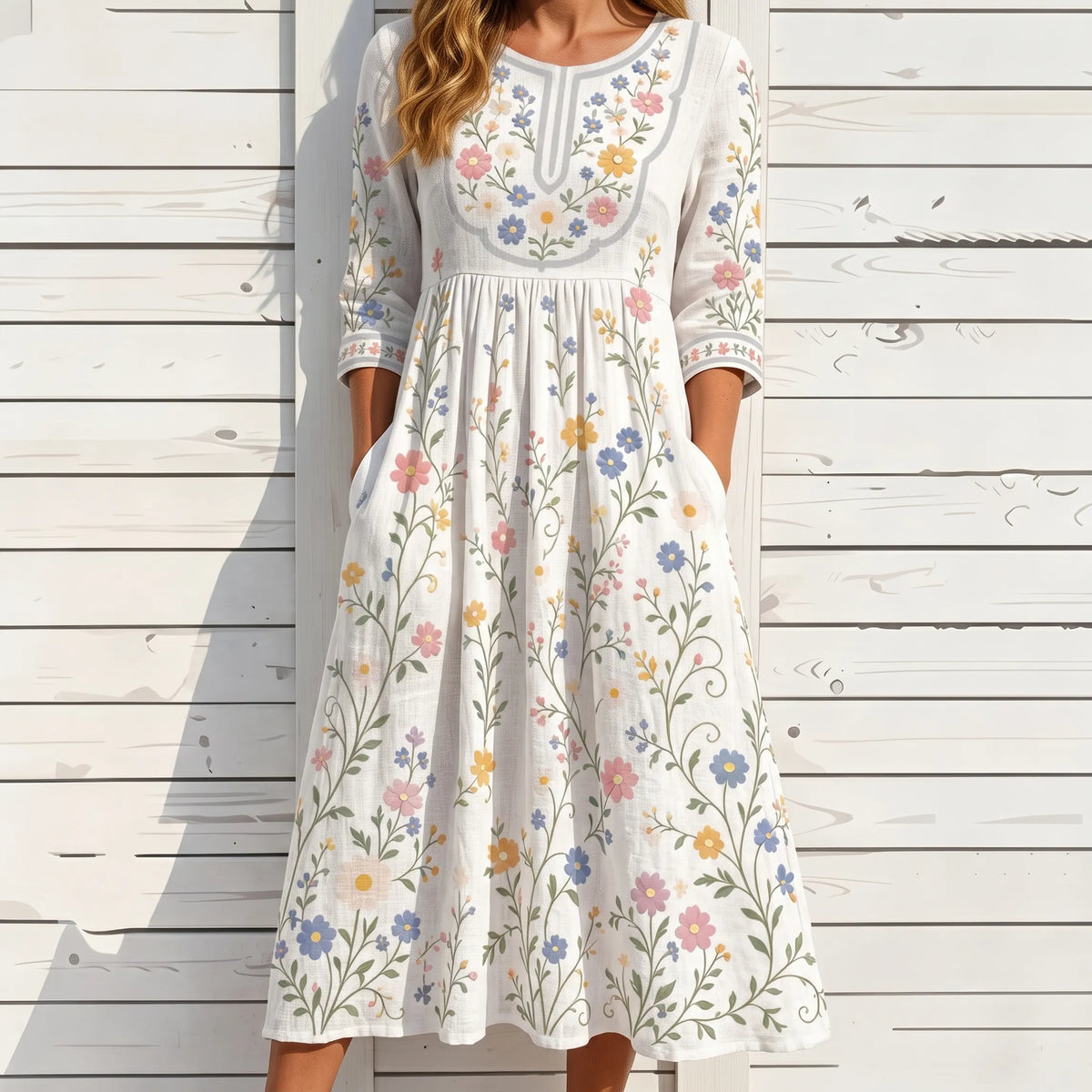 Women's Vintage Floral Pattern Art Embroidered Linen Blend Dress