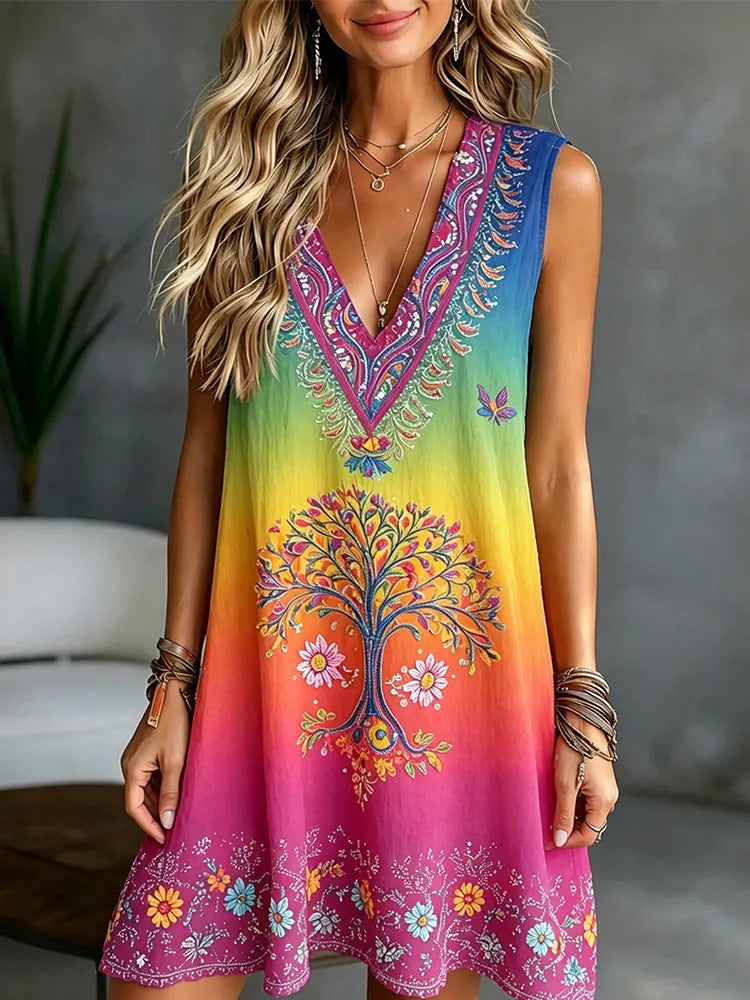 Women's Retro Hippie Style Tree Of Life Floral Art Pattern Linen Blend V-neck Dress