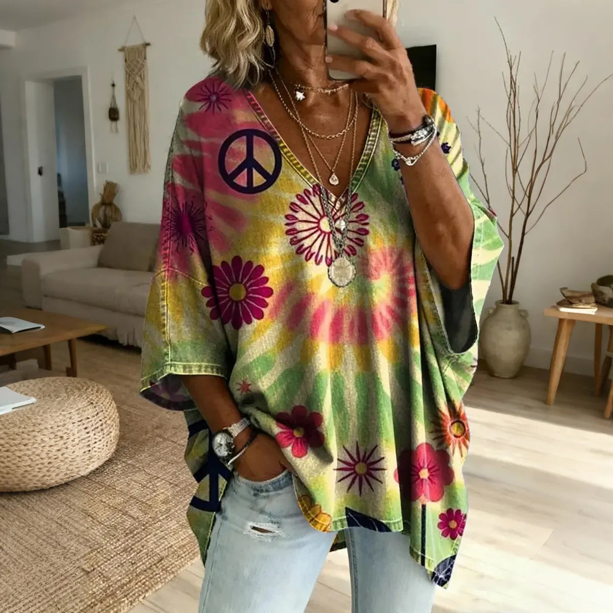 Women's Retro Hippie Floral Art Tie-dye Print Casual Linen T-shirt