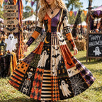 Women's Halloween Element Print Patchwork Casual V-neck Long Sleeve Dress