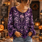 Women's Halloween Purple Gothic Key, Moon, Bats & Flowers Graphic Long-sleeve Top