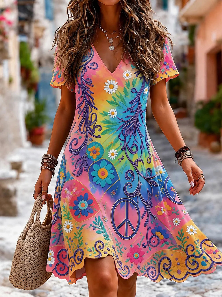 Women's Hippie-style Floral And Peace Symbol Color-blocked Short Dress