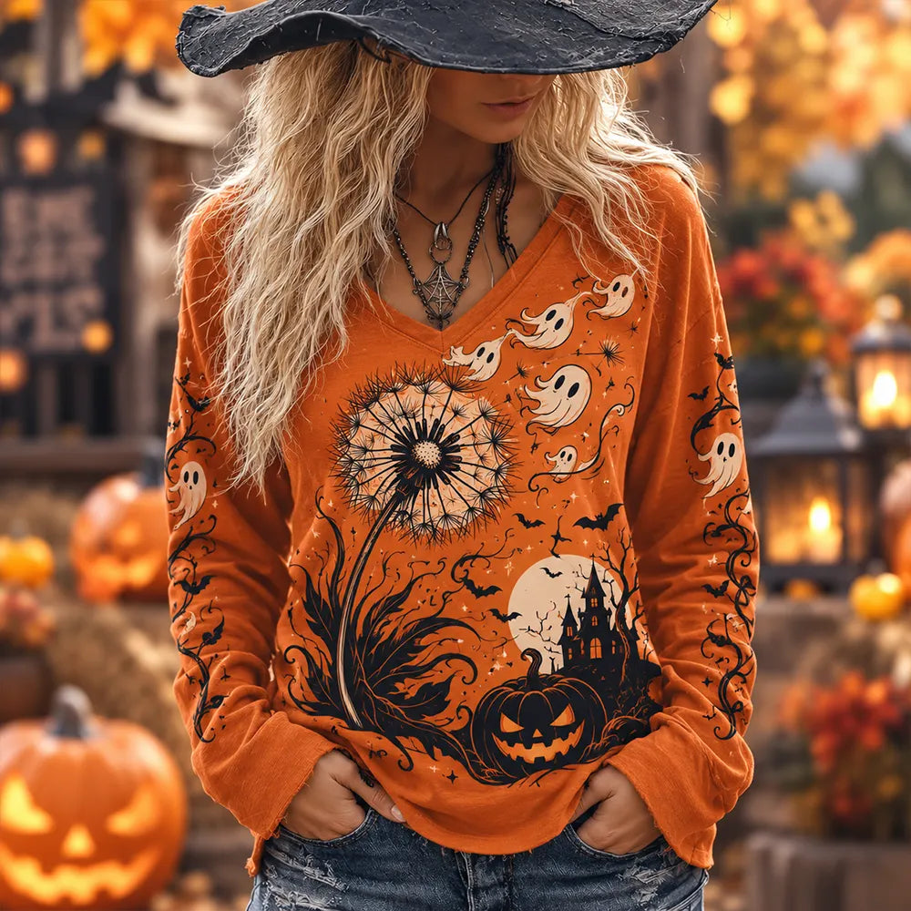 Omen's Halloween Orange Ghost And Dandelion Print V-neck Long Sleeve Top