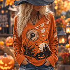 Omen's Halloween Orange Ghost And Dandelion Print V-neck Long Sleeve Top