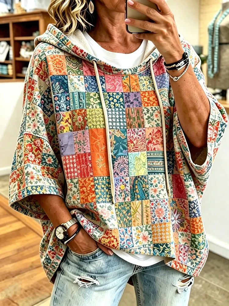 Women's Boho Casual Hooded Sweatshirt - Colorful Floral Patchwork Print Pullover Top