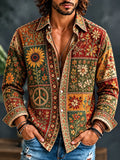 Men's Hippie Peace Sign Mixed Floral Print Long Sleeve Shirt