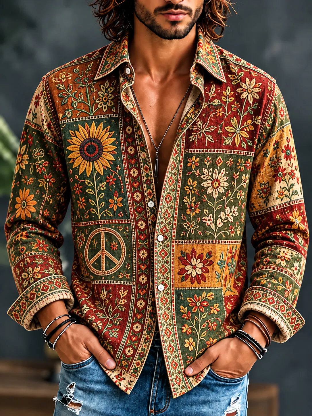 Men's Hippie Peace Sign Mixed Floral Print Long Sleeve Shirt