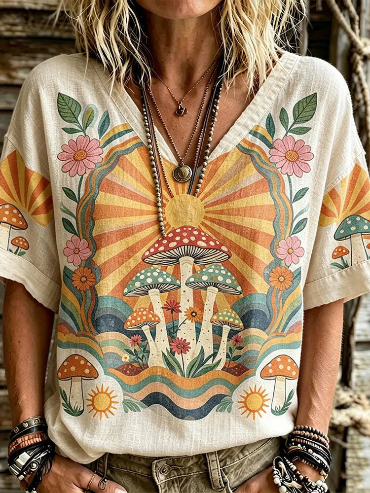 Women's Retro 70s Hippie Style Sun Mushroom Print Loose Linen V-neck Short Sleeve T-shirt