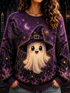 Women's Halloween Cute Ghost In Witch Hat Graphic Knit Sweater - Purple Spider Web & Star Pattern