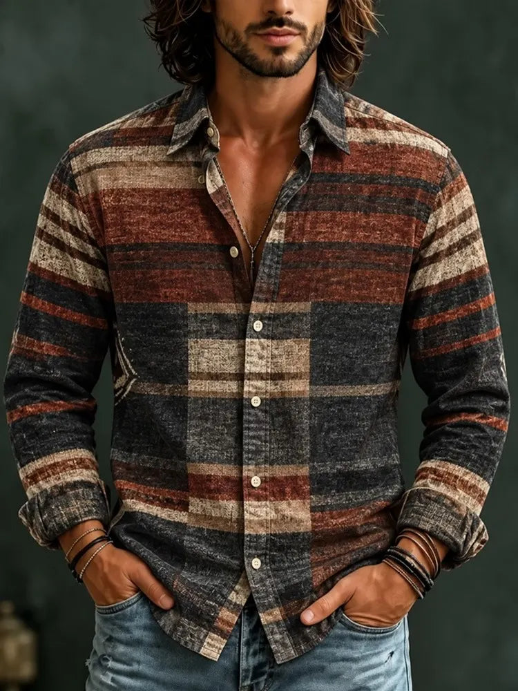 Men's Bohemian Patchwork Plaid Graphic Long Sleeve Shirt
