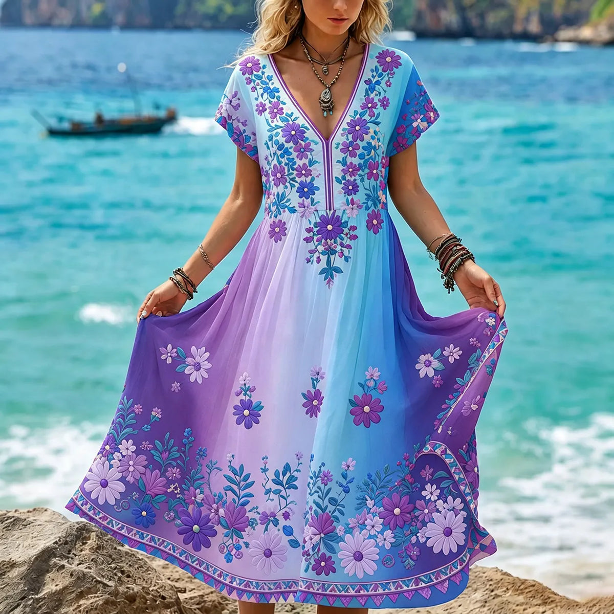 Women's Retro Hippie Style Floral Print Linen V-neck Short Sleeve Long Dress