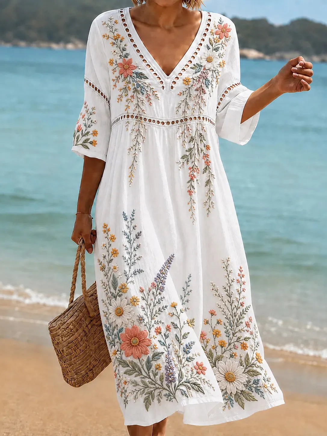 Women's Vintage Floral Pattern Art Embroidered Linen Blend Dress