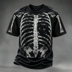 Men's Halloween Peeking Black Cat X-ray Rib Cage Print Short-sleeved T-shirt