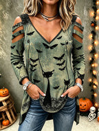 Women's Vintage Gothic Halloween Cat Print Comfy Print Drop-shoulder Long Sleeve Tshirt