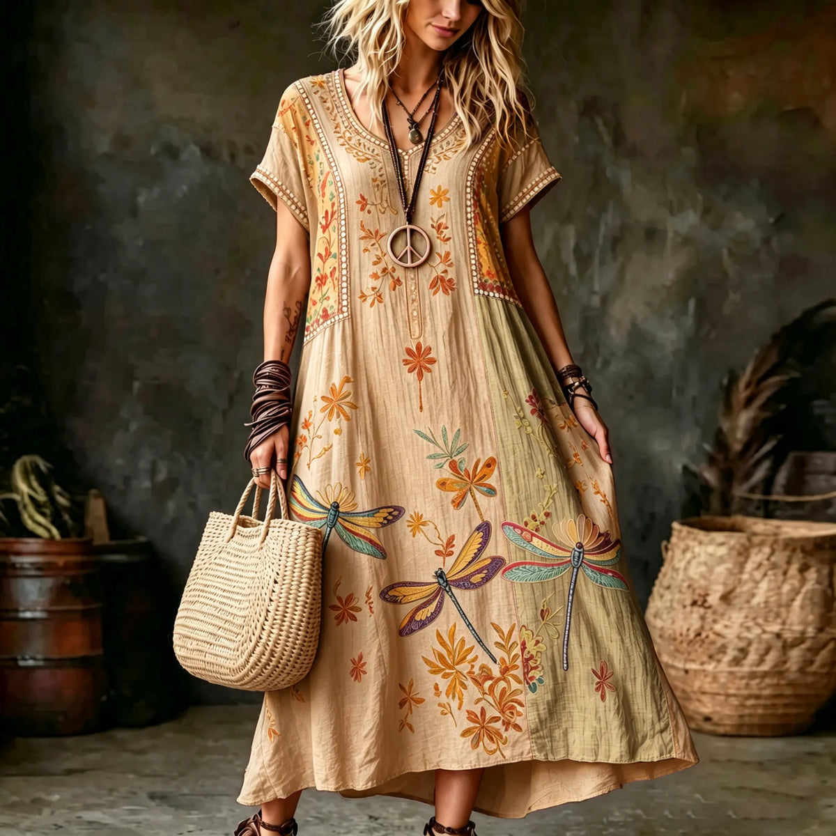 Women's Vintage Hippie Floral And Dragonfly In Patchwork Pattern Art Printed Linen Blend Maxi Dress