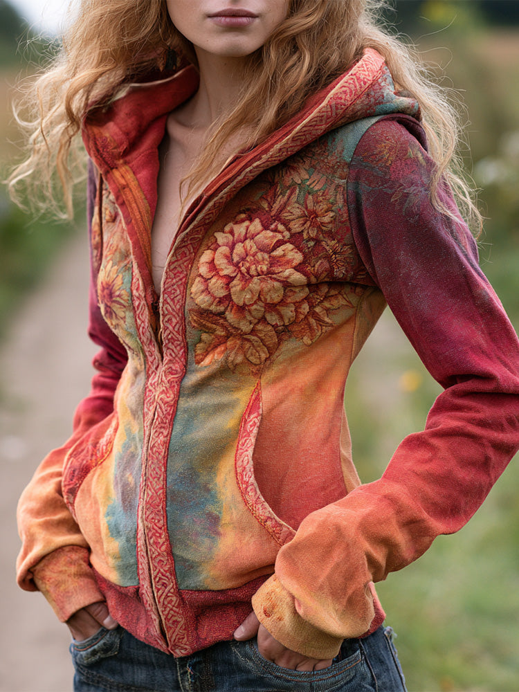 Hippie Colorful Floral Art Tie-dye Casual Hoodie