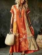 Women's Vintage Hippie Floral And Dragonfly In Patchwork Pattern Art Printed Linen Blend Maxi Dress