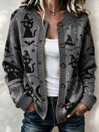 Women's Halloween Black Cat Pattern Knit Cardigan