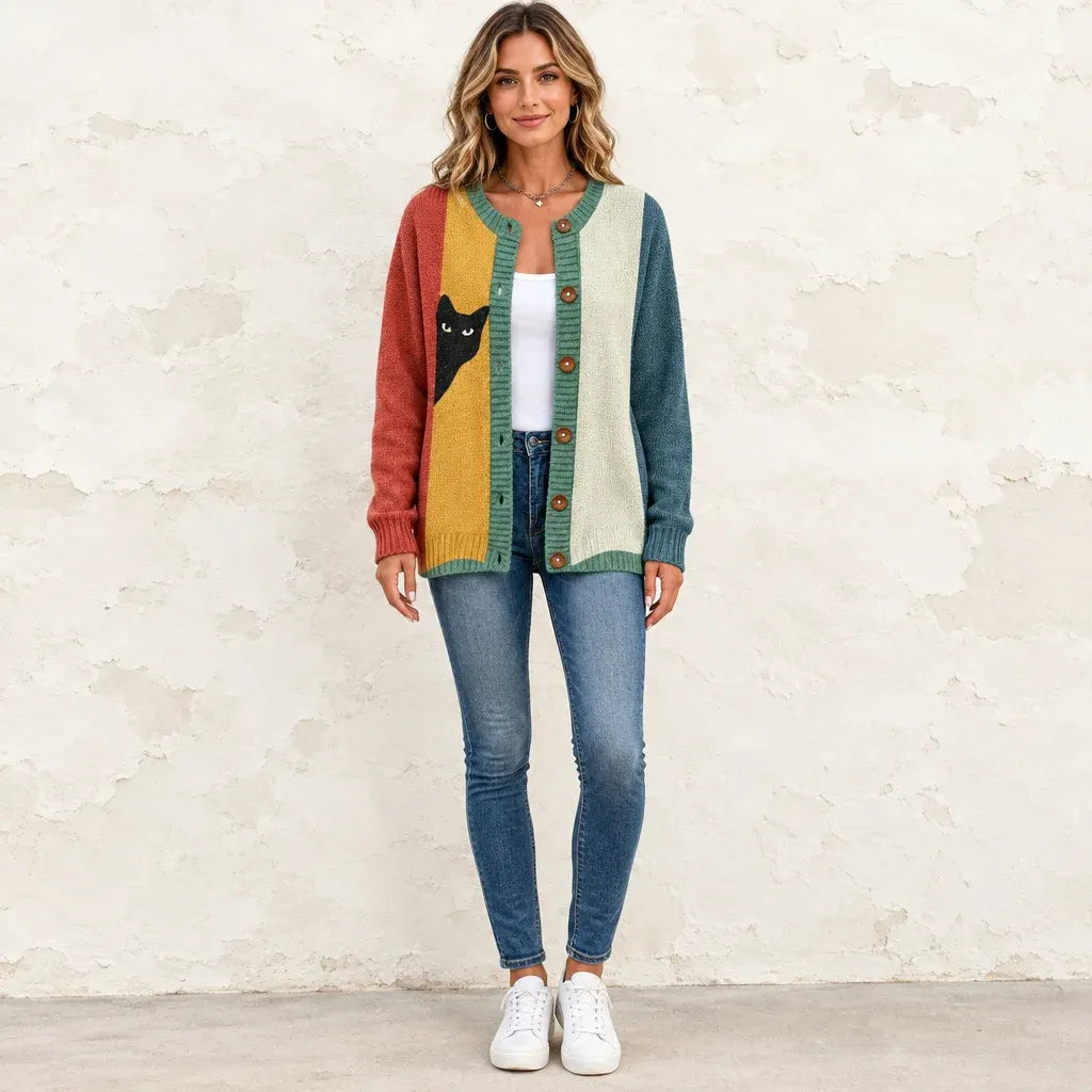 Women's Playful Black Cat Colorblock Design Relaxed Fit Button Front Knit Cardigan Sweater