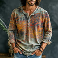 Men's Retro Abstract Mottled Print Henry Collar Long Sleeve T-Shirt