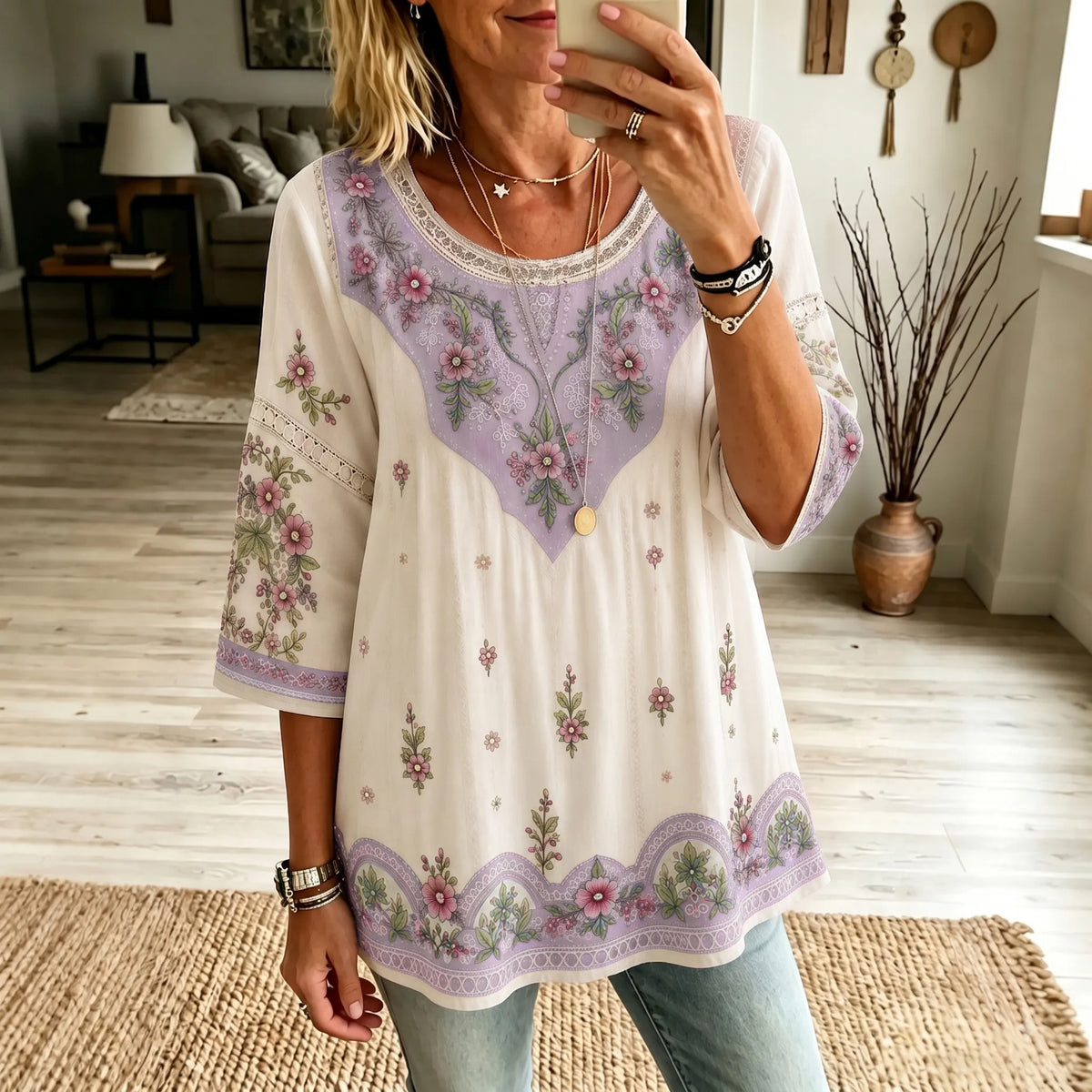 Women's Vintage Boho Floral Art Crew Neck Linen Blend T-shirt