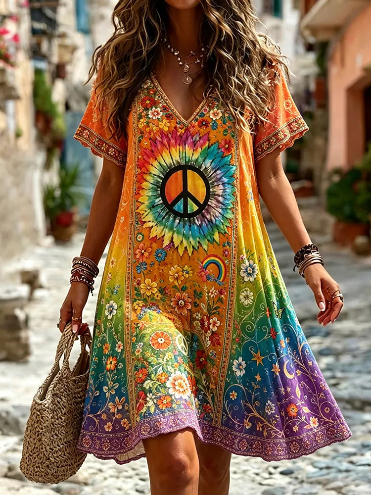 Women's Hippie Peace And Floral Printed Short Sleeve Dress