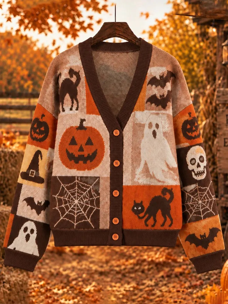Women's Halloween-themed Patchwork Sweater Cardigan With Pumpkins And Ghosts