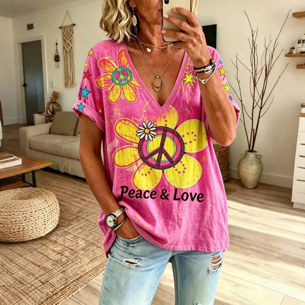 Women's Vintage Peace Flower Print V Neck Short Sleeve T-shirt