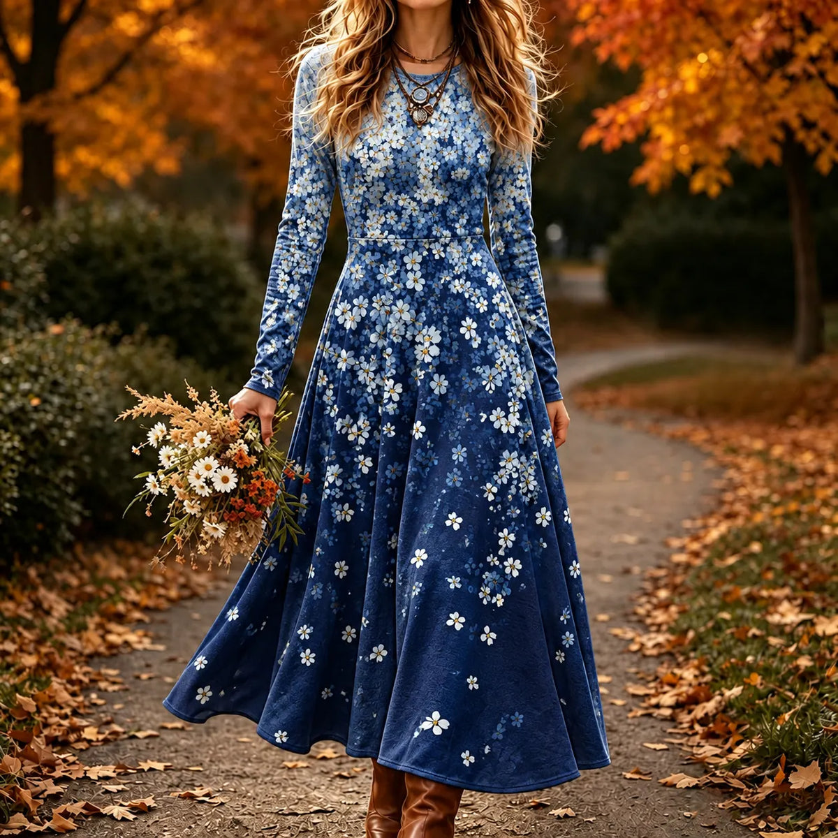 Women's Retro Floral Print Crew Neck Long Sleeve Maxi Dress