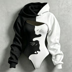 Women's Retro Halloween Color Block Cat Print Hoodie Two-piece Set
