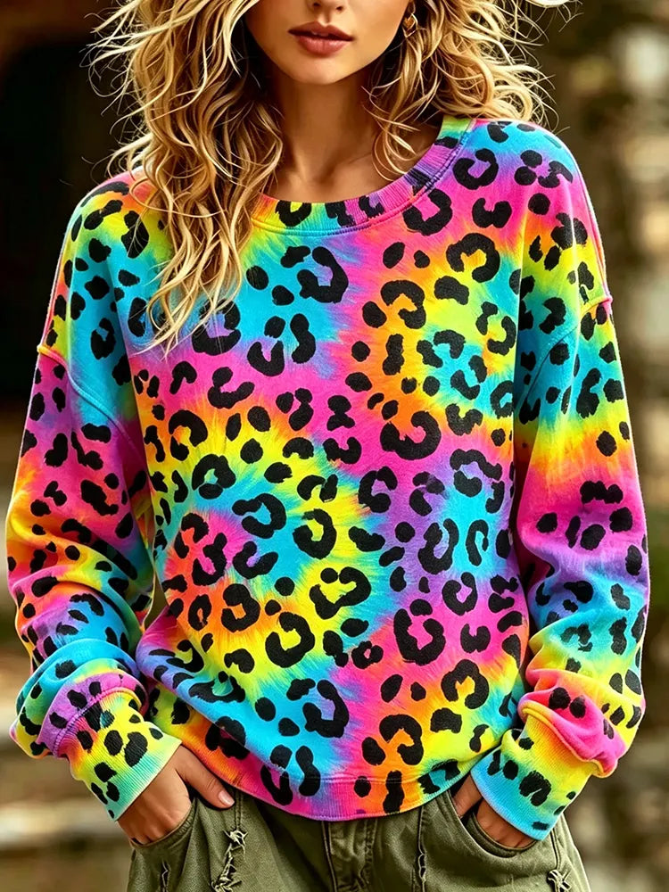 Women's Rainbow Tie-dye Crewneck Sweatshirt With Vibrant Leopard Print