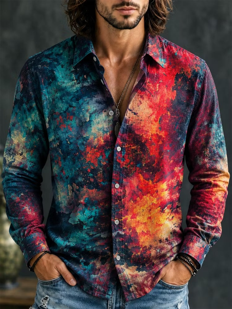Men's Colorblock Tie Dye Print Long Sleeve Shirt