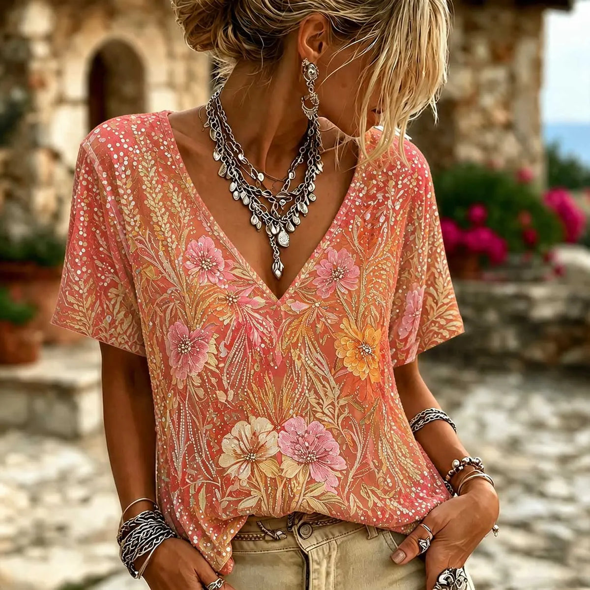 Iridescent Rainbow Sequin Floral Embroidery Mesh V-neck Blouse For Women, Sparkly Multicolor Rhinestone Short Sleeve Bohemian Party Vacation Top