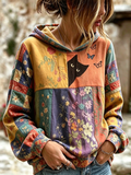 Women's Hippie Black Cat Art Print Round Neck Long Sleeve Sweatshirt