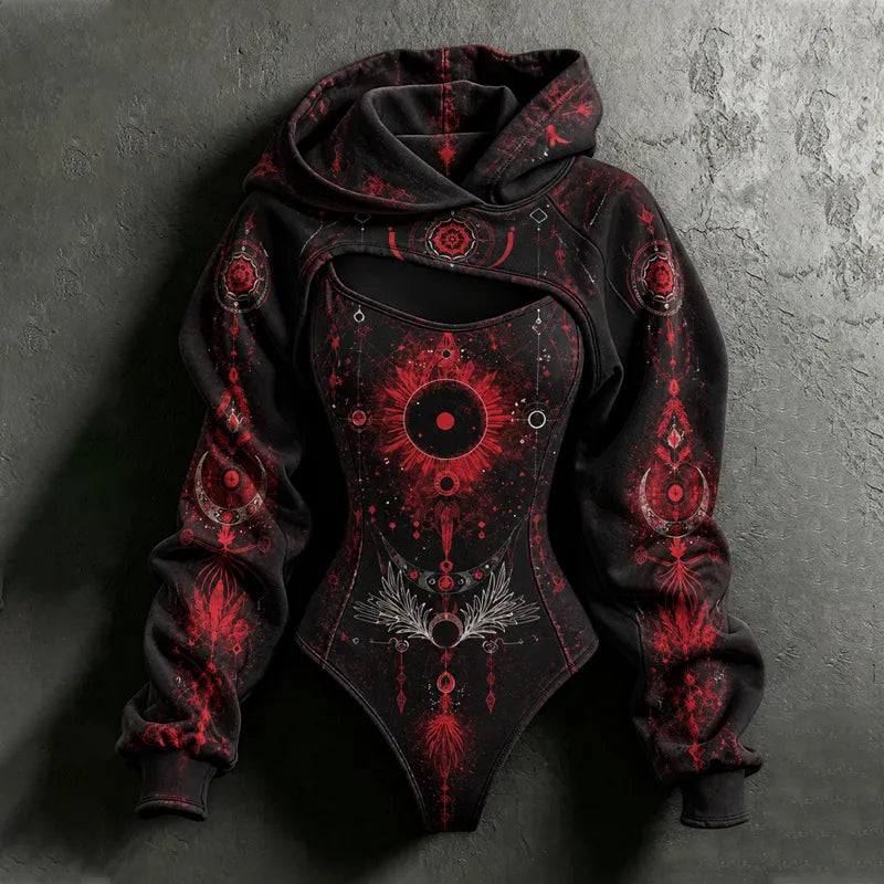 Women's Halloween Mysterious Ethnic Pattern Printed Hoodie Set, 2 Pieces