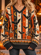 Women's Halloween Bat And Pumpkin Stripe Pattern V-neck Knit Sweater