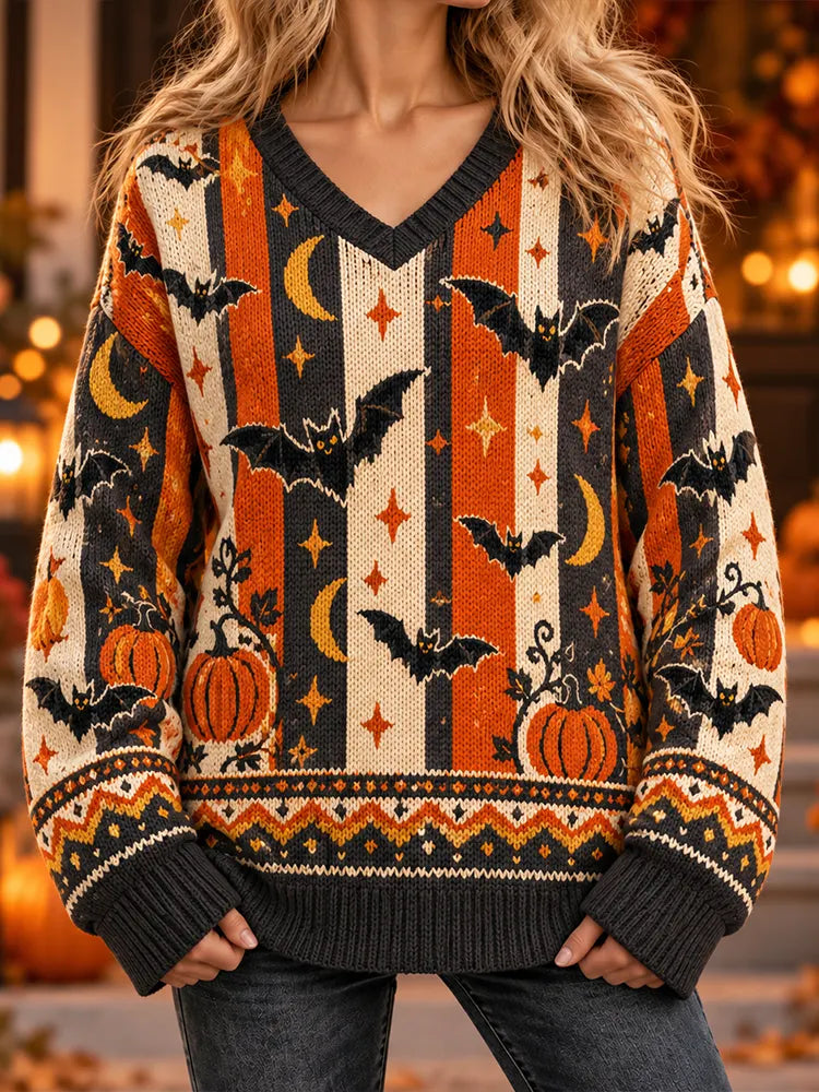 Women's Halloween Bat And Pumpkin Stripe Pattern V-neck Knit Sweater